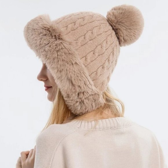 Faux fur trimmed & pom pom knit Hat winter Pink, black, cream, tan or gray - Picture 2 of 15